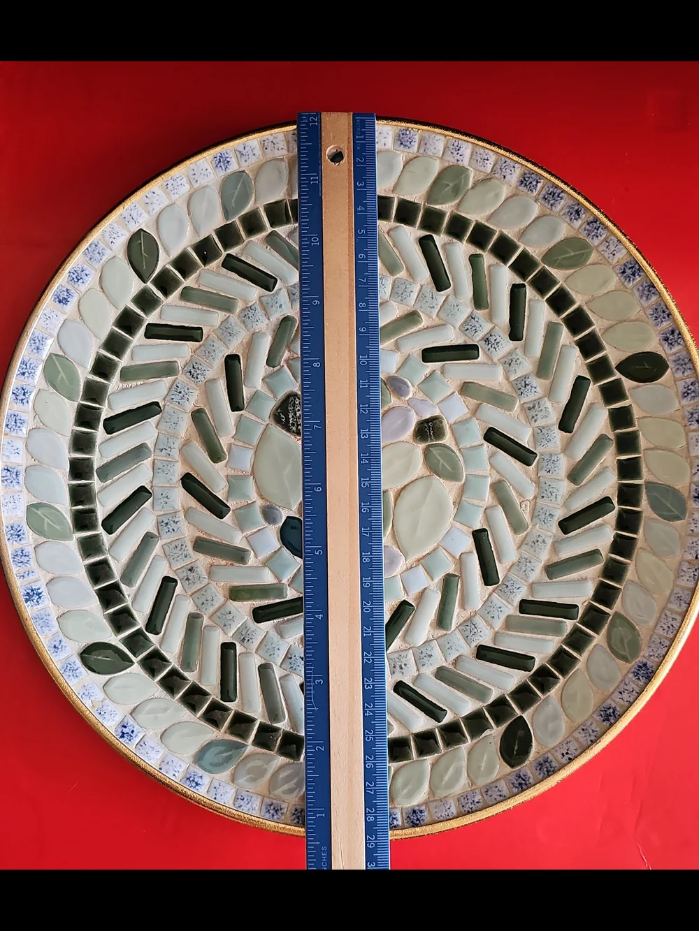 Handcrafted Green And Gold Mosaic Decorative Wall Plate / Platter 11.5